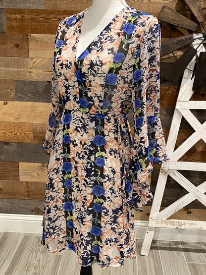 Flutter Sleeve Wrap Dress in Rust/Blue Floral print