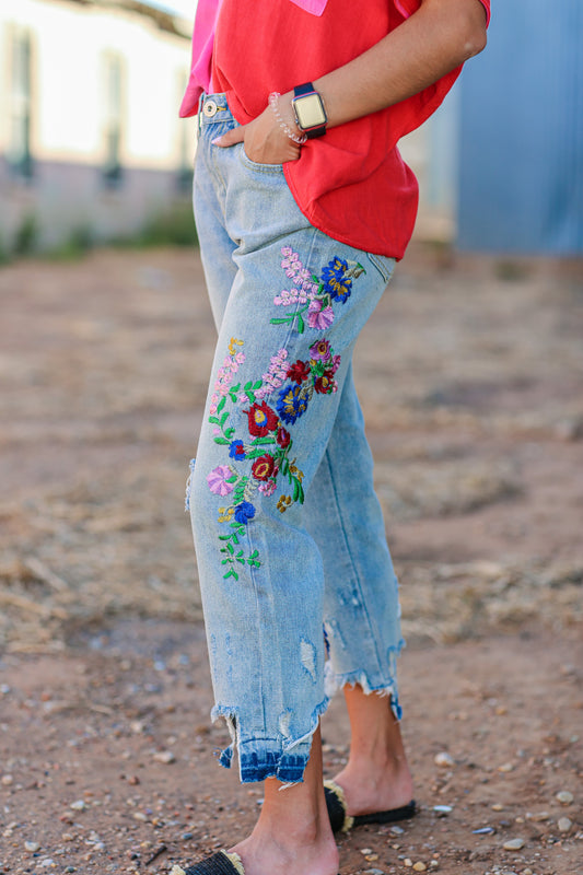 Embroidered Distressed Crop Jeans