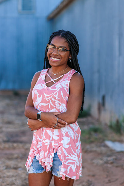 Tropical Print Sleeveless Top in Salmon