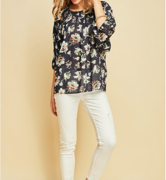 Navy Floral Scoop Neck Top