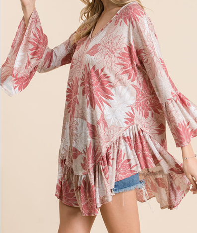 Red/Taupe Floral Tunic Top